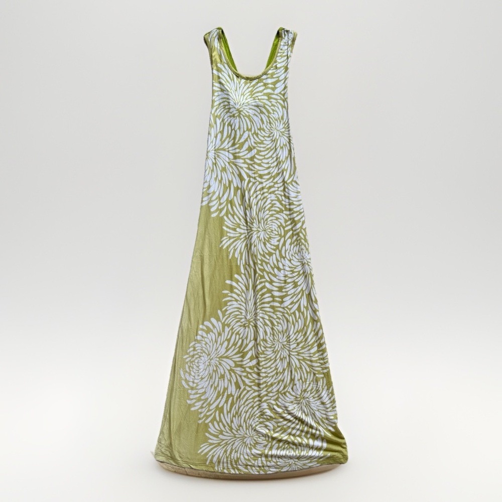 Soulflower Boho Maxi Dress Green Swirl Print Sleeveless Viscose M Hippie Resort